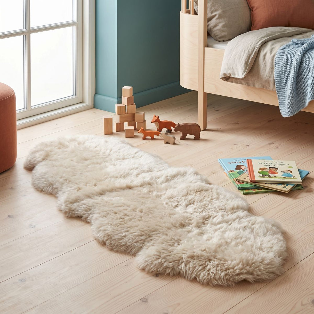 Grosses Lammfell liegt auf den Boden im Kinderzimmer.