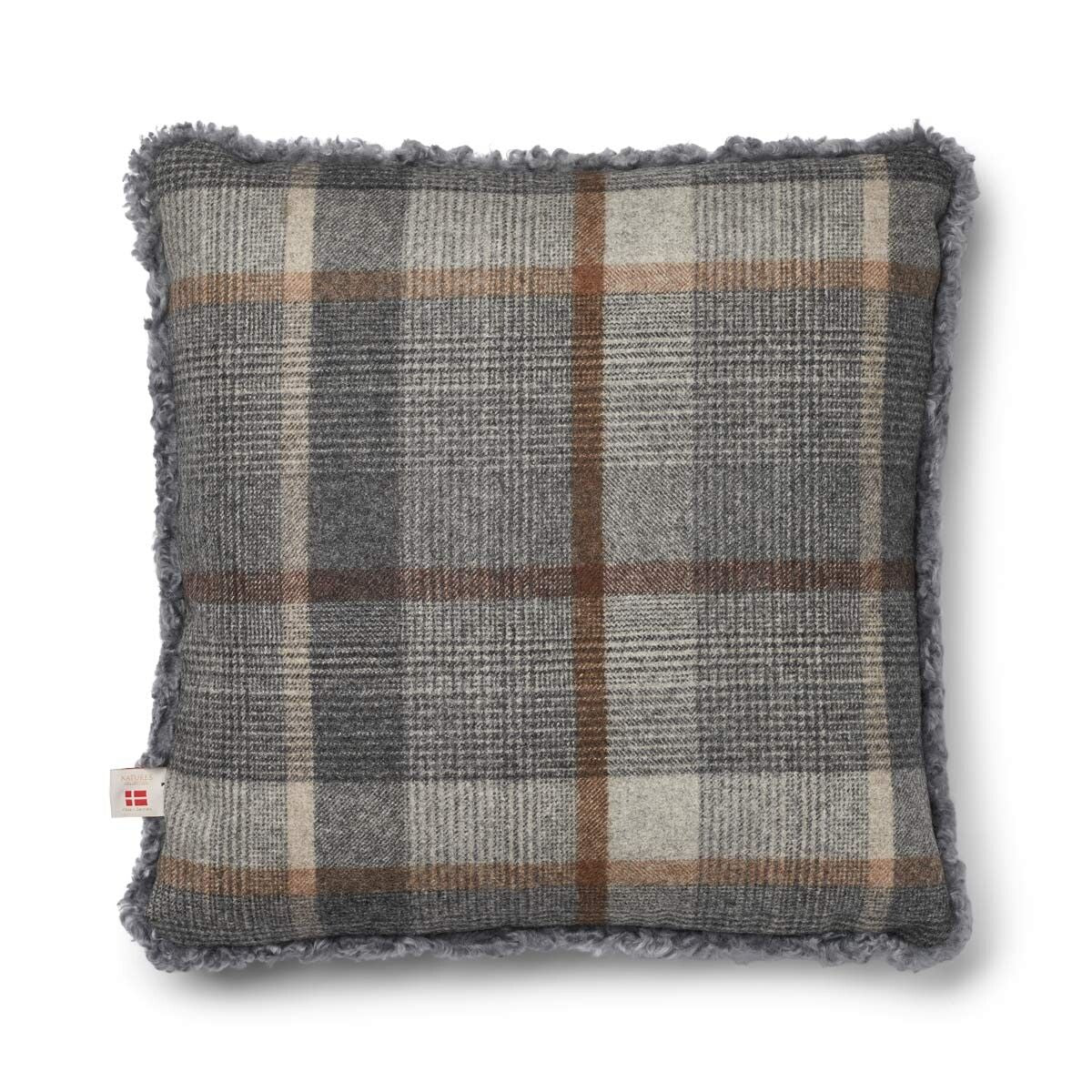 Kariertes Lammfellkissen | Kurzhaar | Neuseeland | 100% Wolle | 52x52 cm Glencheck-Grau/Hellgrau
