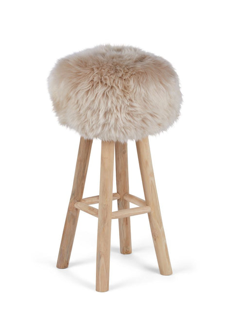 Holzbarhocker mit Lammfell | Langhaar | Neuseeland