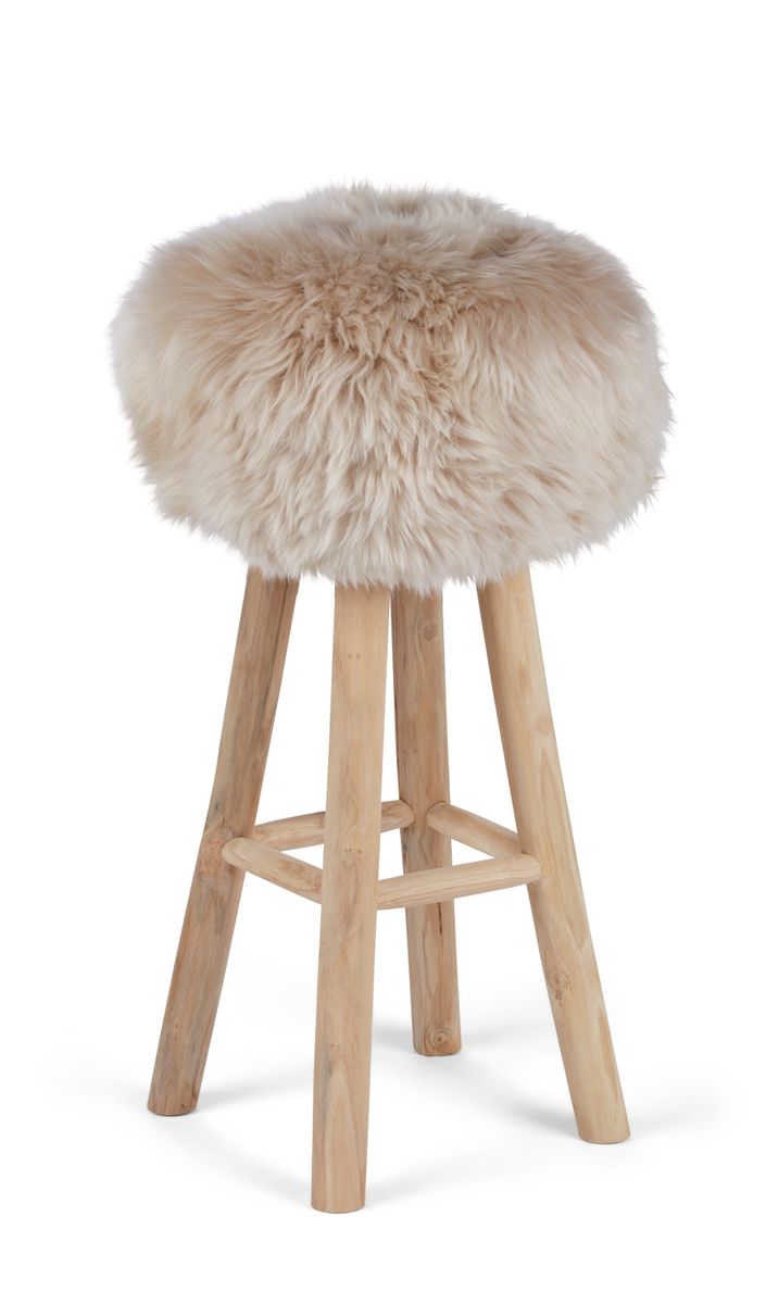 Holzbarhocker mit Lammfell | Langhaar | Neuseeland