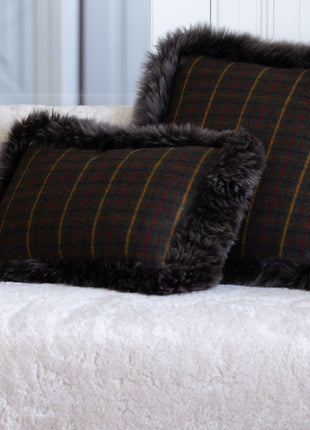 Kariertes Wollkissen | 100% Wolle | Fellborte | 34x52 cm Kakao-Dunkelbraun/Taupe