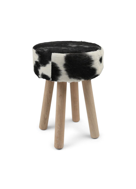 Holzhocker mit Kuhfell | 48xD34 cm