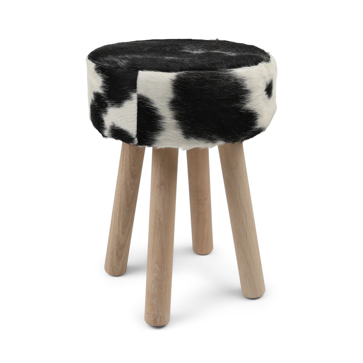 Holzhocker mit Kuhfell | 48xD34 cm