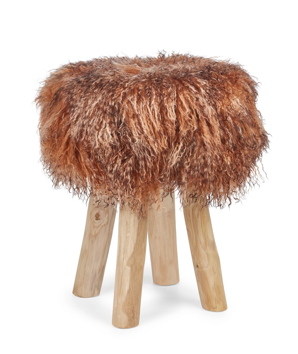 Holzhocker mit Lammfell | Tibet | 48xD34 cm Sonnenuntergang
