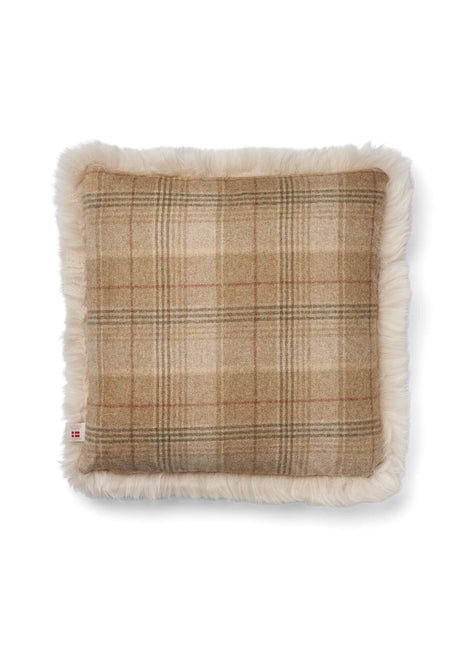 Kariertes Lammfellkissen | Langhaar | Neuseeland | 100% Wolle | 52x52 cm