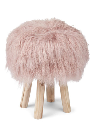 Holzhocker mit Lammfell | Tibet | 48xD34 cm Rosa
