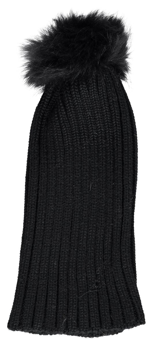 Wollmütze Sheila | Bommel aus Waschbärfell Schwarz/Schwarz