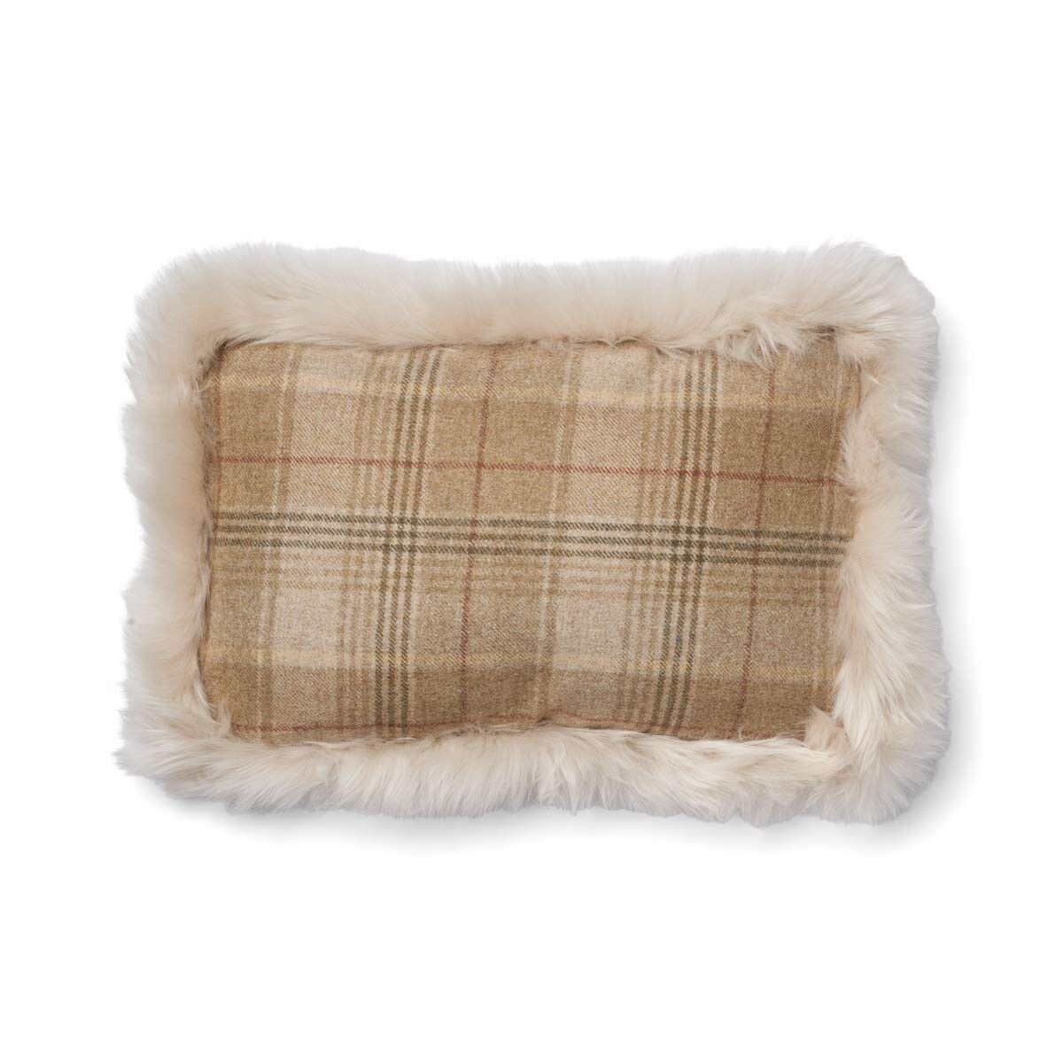 Kariertes Wollkissen | 100% Wolle | Fellborte | 52x52 cm | 34x52 cm Sand Beige/Leinen