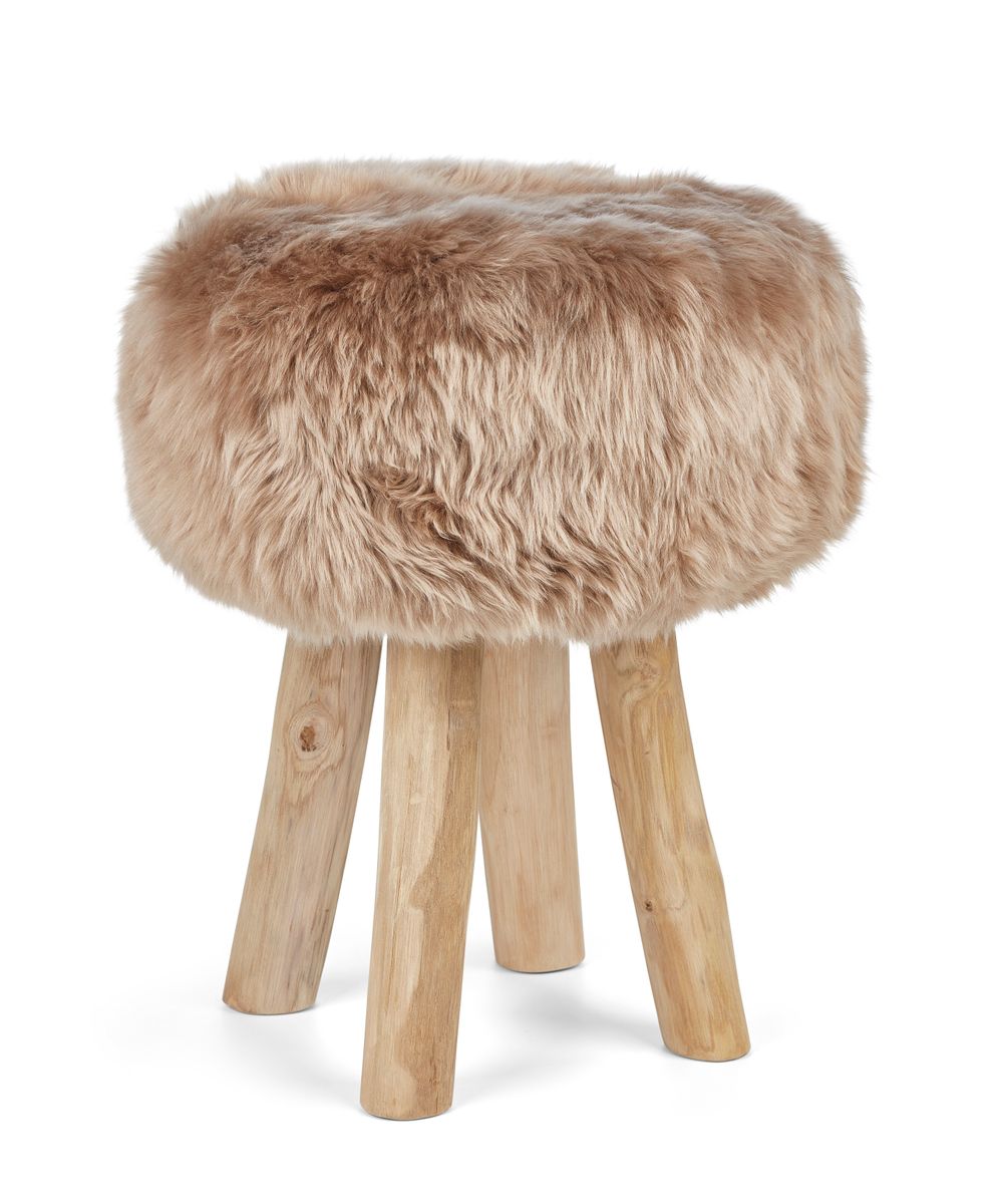 Holzhocker mit Lammfell | Langhaar | Neuseeland | 48xD34 cm Warm Sand