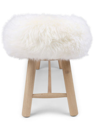 Holzbank mit Lammfell | Langhaar | Neuseeland | Eichbeine | 140x35x45 cm Weiß