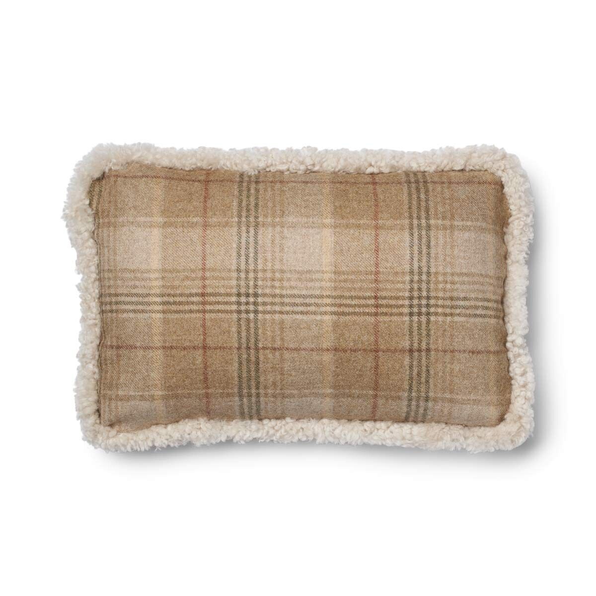 Kariertes Wollkissen | 100% Wolle | Fellborte | 52x52 cm | 34x52 cm Sand Beige/Leinen