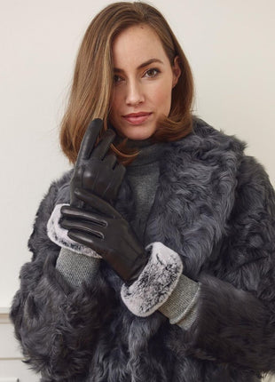 Kathy | Lederhandschuhe | Fuchspelz | Damenhandschuhe Schwarz/Schneespitze