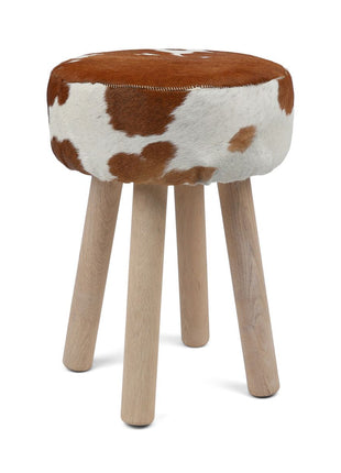 Holzhocker mit Kuhfell | 48xD34 cm