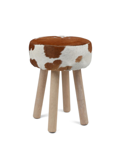 Holzhocker mit Kuhfell | 48xD34 cm