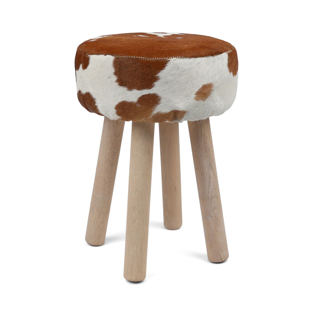 Holzhocker mit Kuhfell | 48xD34 cm