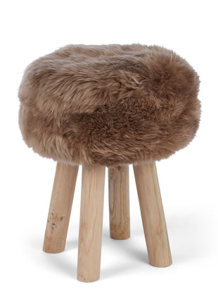 Holzhocker mit Lammfell | Langhaar | Neuseeland | 48xD34 cm