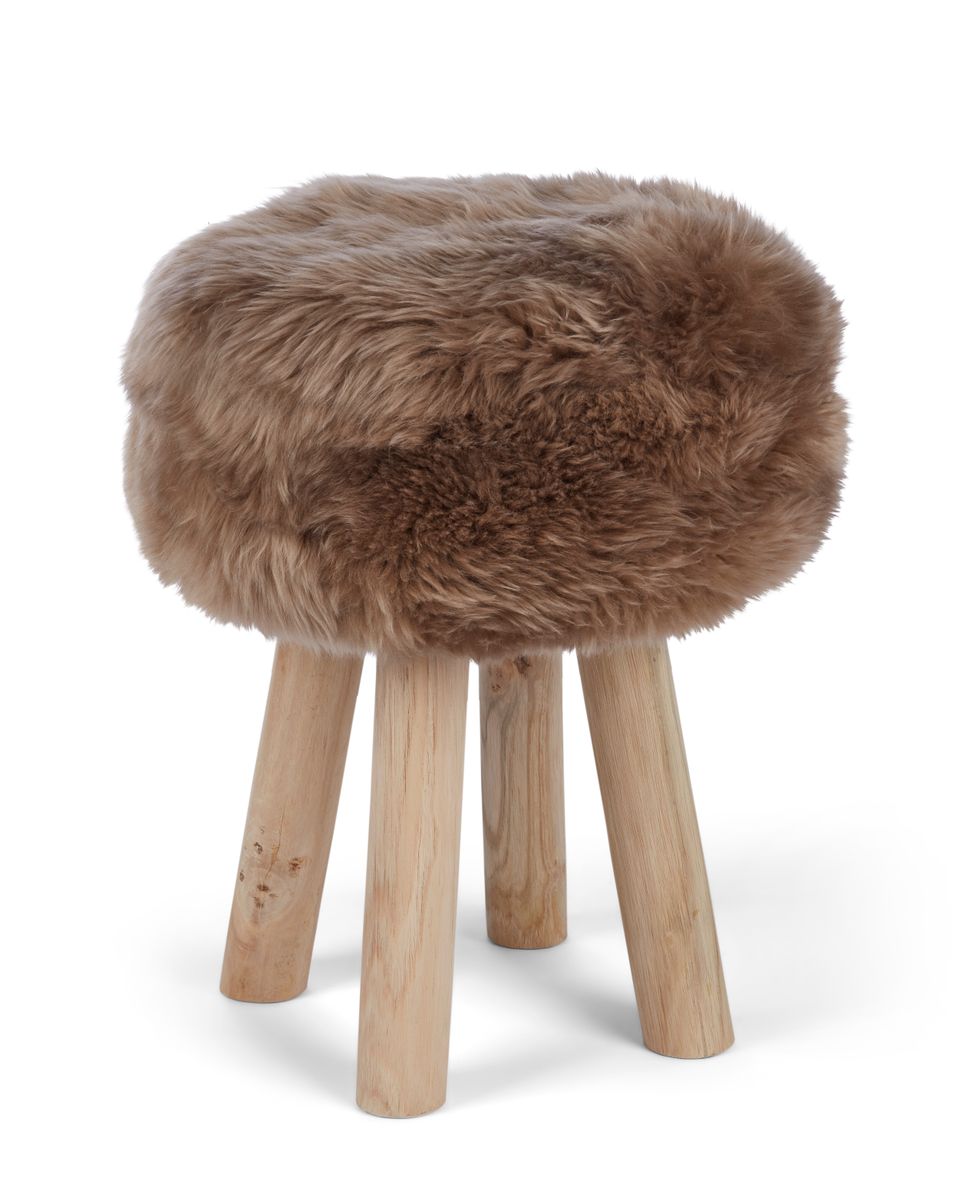 Holzhocker mit Lammfell | Langhaar | Neuseeland | 48xD34 cm