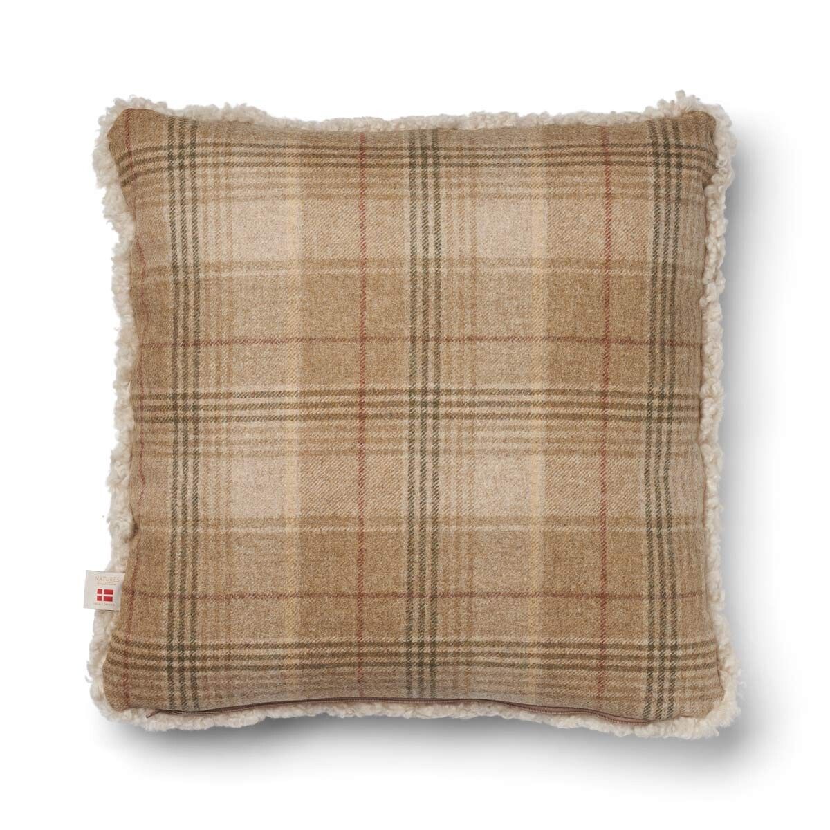 Kariertes Lammfellkissen | Kurzhaar | Neuseeland | 100% Wolle | 52x52 cm Sand Beige/Leinen