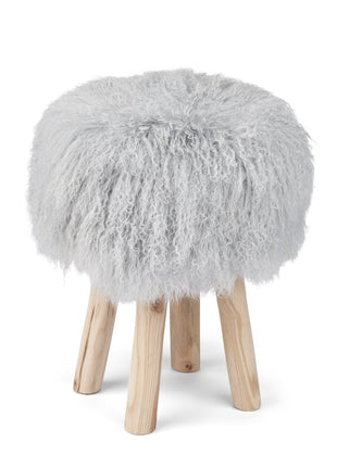 Holzhocker mit Lammfell | Tibet | 48xD34 cm Hellgrau