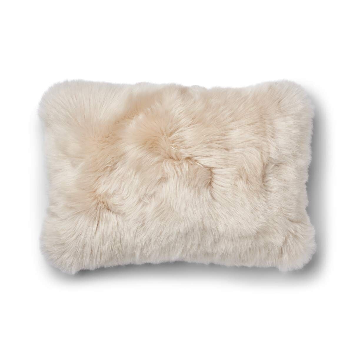Kariertes Lammfellkissen | Langhaar | Neuseeland | 100% Wolle | 52x52 cm | 34x52 cm Sand Beige/Leinen