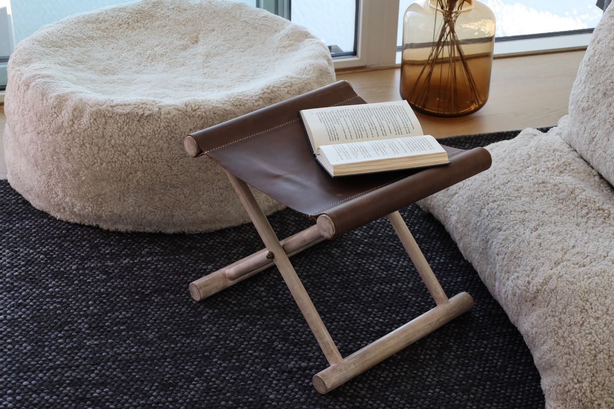 Hocker mit Premium Kalbsleder | Teakholz | 40x40x33 cm Dunkelbraun