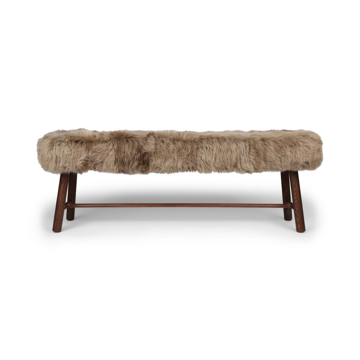 Holzbank mit Lammfell | Langhaar | Neuseeland | Dunkle Eichenbeine | 140x35x45 cm Taupe