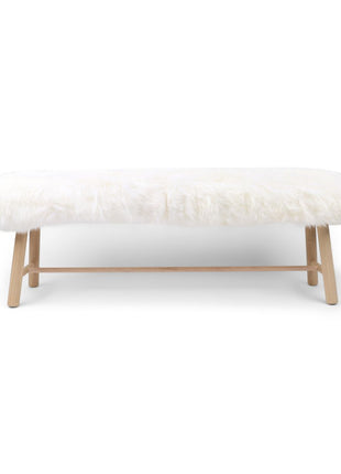 Holzbank mit Lammfell | Langhaar | Neuseeland | Eichbeine | 140x35x45 cm Weiß