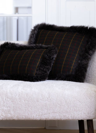 Kariertes Wollkissen | 100% Wolle | Fellborte | 34x52 cm Kakao-Dunkelbraun/Taupe