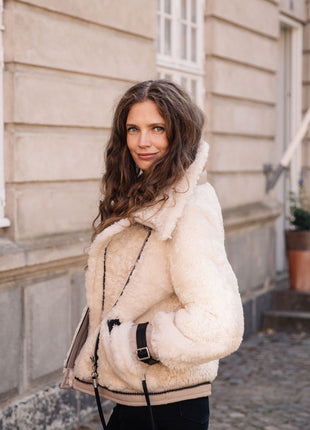 Nicki Jacke | Lammfell, Leder Blau/Grau