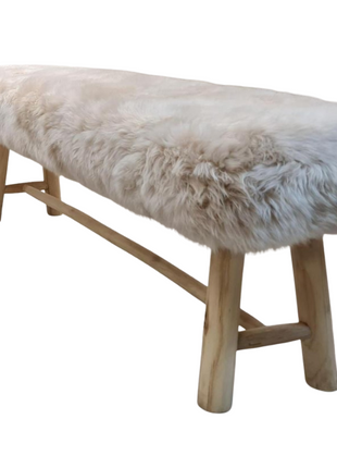 Holzbank mit Lammfell | Langhaar | Neuseeland | Eichbeine | 140x35x45 cm Leinen