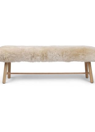 Holzbank mit Lammfell | Langhaar | Neuseeland | Eichenbeine | 140x35x45 cm Leinen