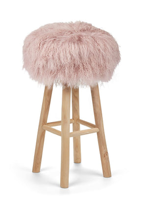 Holzbarhocker mit Lammfell | Tibet Rosa