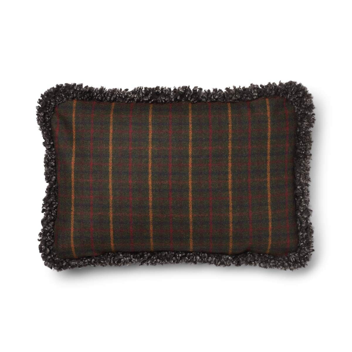 Kariertes Wollkissen | 100% Wolle | Fellborte | 34x52 cm Kilberry Fir-Dunkelgrün/Cappuccino