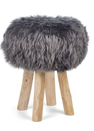 Holzhocker mit Lammfell | Langhaar | Neuseeland | 48xD34 cm Stahl
