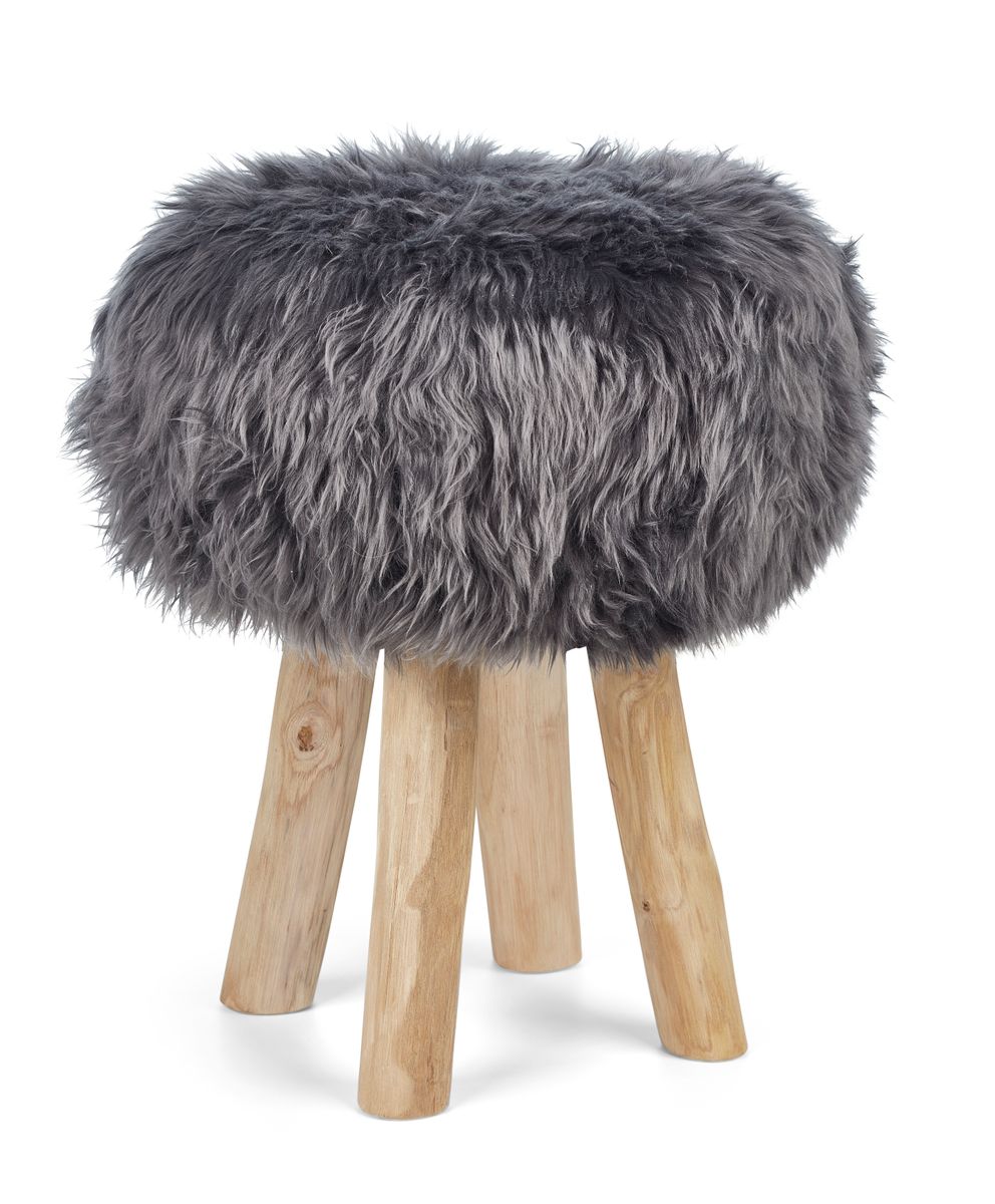 Holzhocker mit Lammfell | Langhaar | Neuseeland | 48xD34 cm Stahl