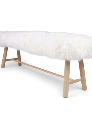 Holzbank mit Lammfell | Langhaar | Neuseeland | Eichbeine | 140x35x45 cm Weiß