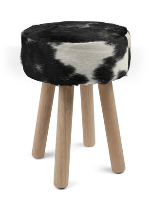 Holzhocker mit Kuhfell | 48xD34 cm Schwarz/Weiß