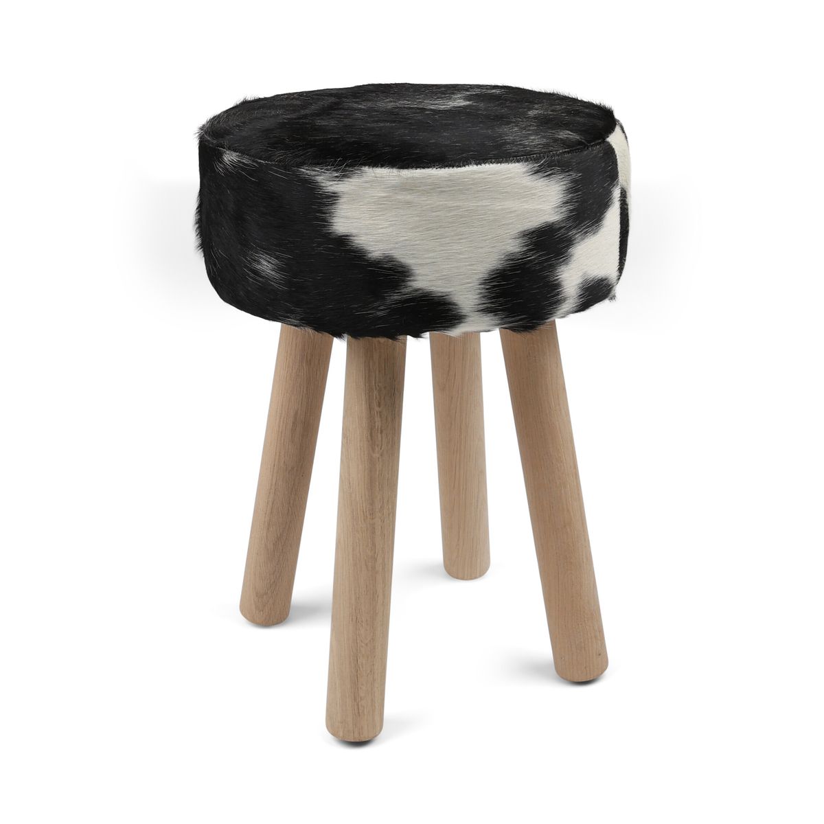 Holzhocker mit Kuhfell | 48xD34 cm Schwarz/Weiß