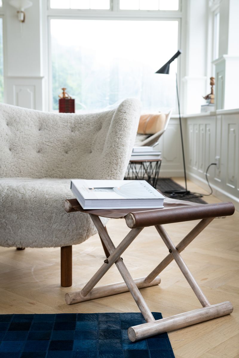 Hocker mit Premium Kalbsleder | Teakholz | 40x40x33 cm Dunkelbraun