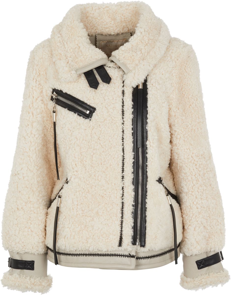 Nicki Jacke | Lammfell, Leder Perlweiß