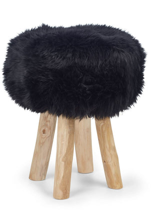 Holzhocker mit Lammfell | Langhaar | Neuseeland | 48xD34 cm Schwarz
