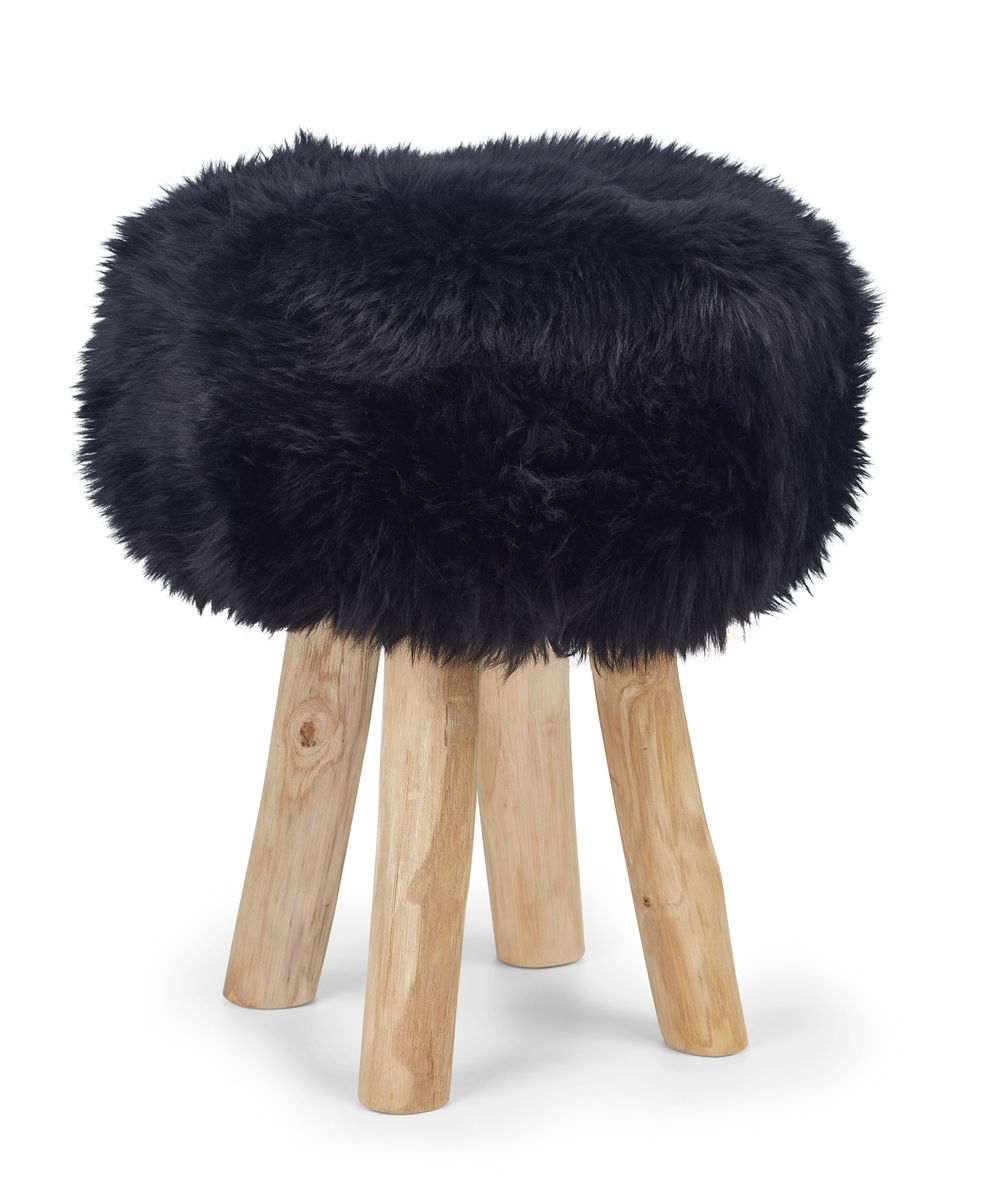 Holzhocker mit Lammfell | Langhaar | Neuseeland | 48xD34 cm Schwarz