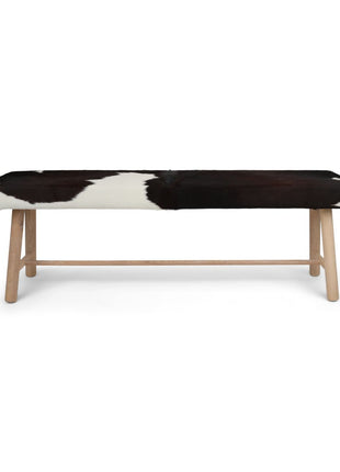 Holzbank mit Kuhfell | Eichenbeine | 140x35x45 cm Schwarz/Weiß