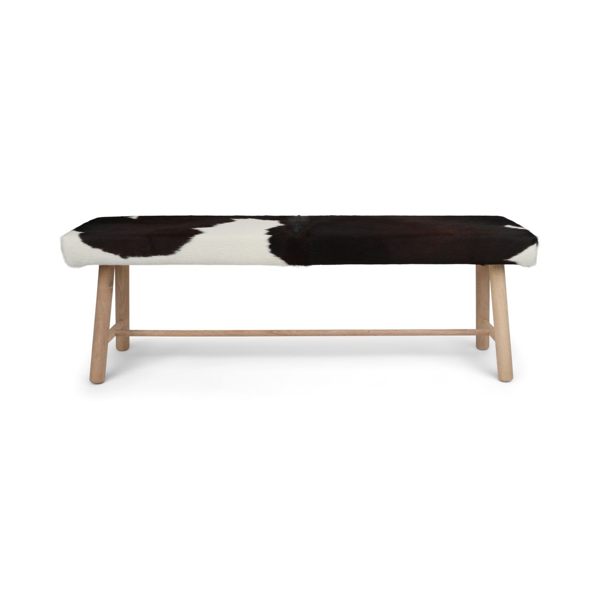 Holzbank mit Kuhfell | Eichenbeine | 140x35x45 cm Schwarz/Weiß