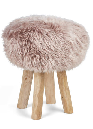 Holzhocker mit Lammfell | Langhaar | Neuseeland | 48xD34 cm