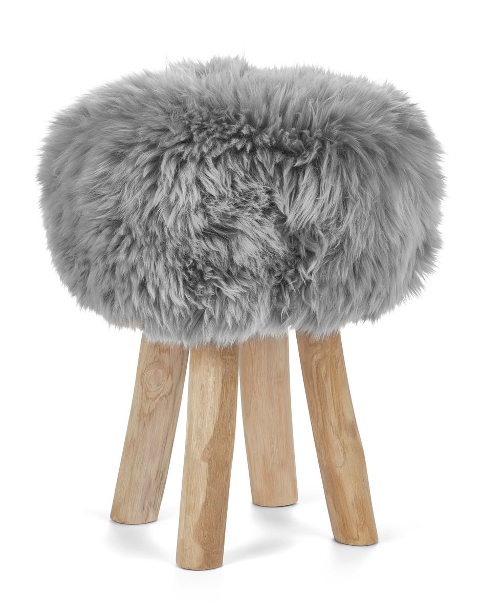 Holzhocker mit Lammfell | Langhaar | Neuseeland | 48xD34 cm