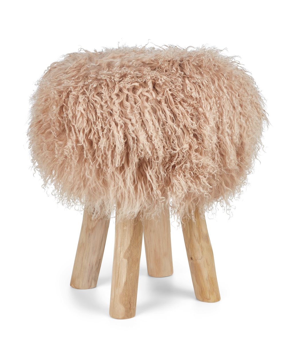 Holzhocker mit Lammfell | Tibet | 48xD34 cm Warm Sand