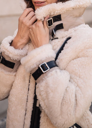 Nicki Jacke | Lammfell, Leder Blau/Grau