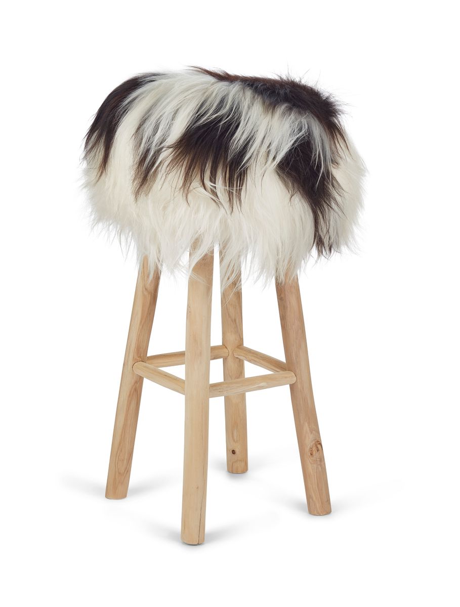 Holzbarhocker mit Lammfell | Island Gefleckt