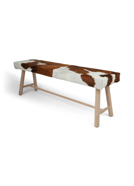 Holzbank mit Kuhfell | Eichenbeine | 140x35x45 cm